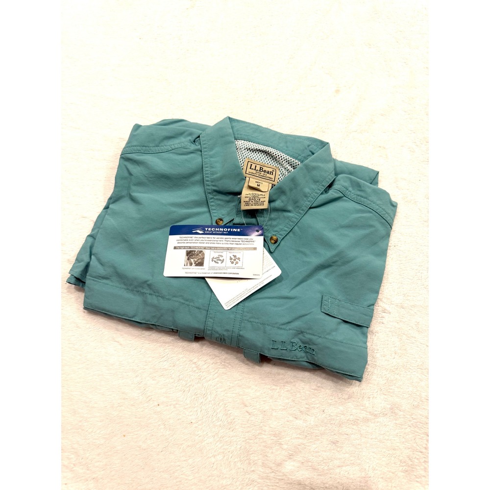 LL Bean Mens Technofine Fishing Shirt Teal Green Long Sleeve Ventilated Medium